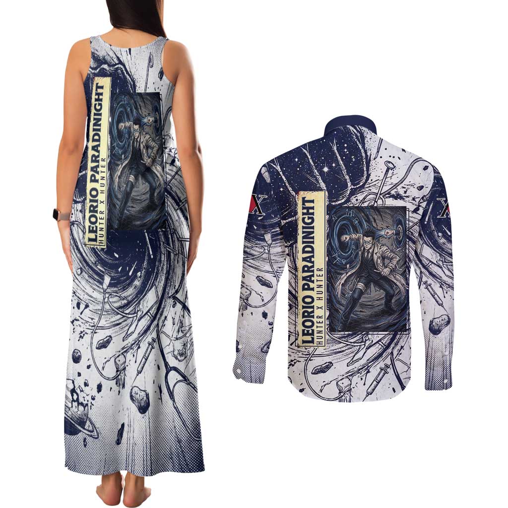 Leorio Paradinight Portal Energy Theme Couples Matching Tank Maxi Dress and Long Sleeve Button Shirt with Dynamic Anime Artwork and Blue Grunge Design - The Mazicc