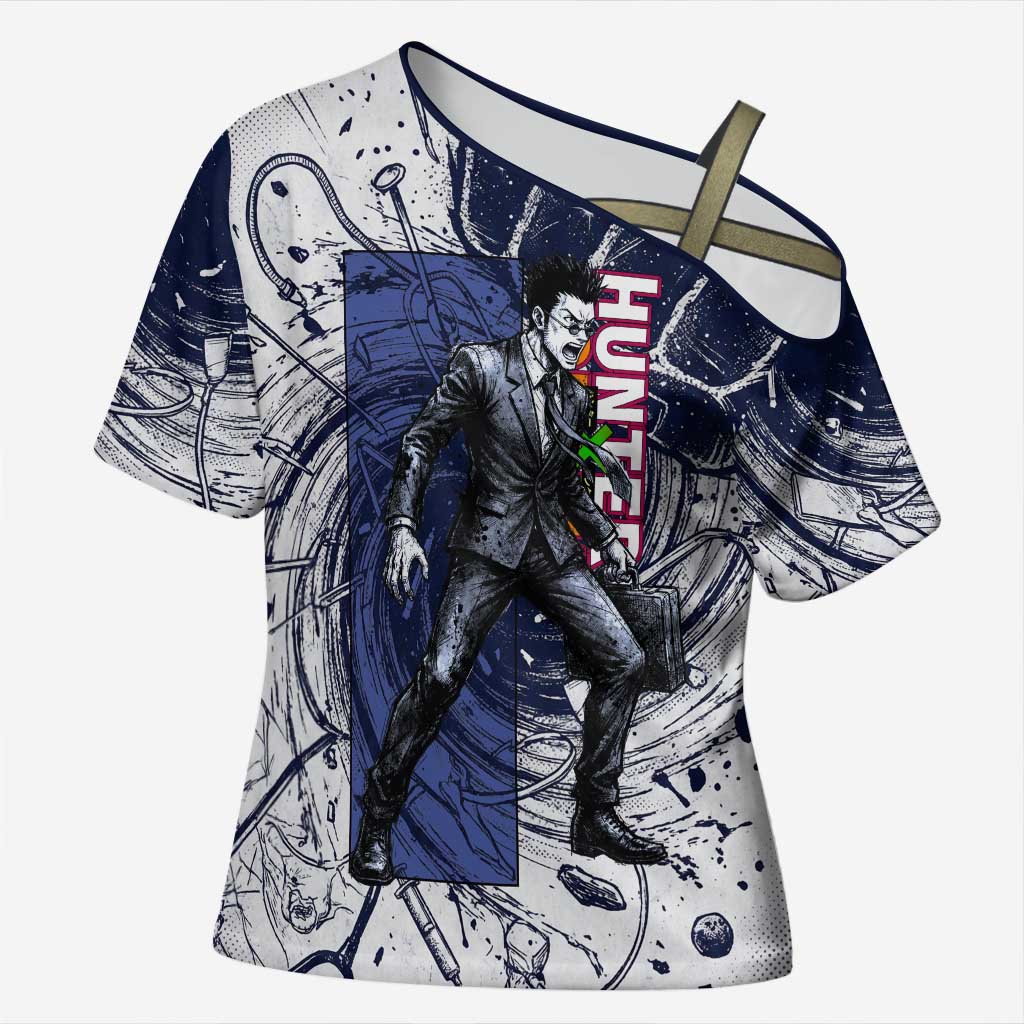 Leorio Paradinight Portal Energy Theme Cross Shoulder Shirt with Dynamic Anime Artwork and Blue Grunge Design - The Mazicc
