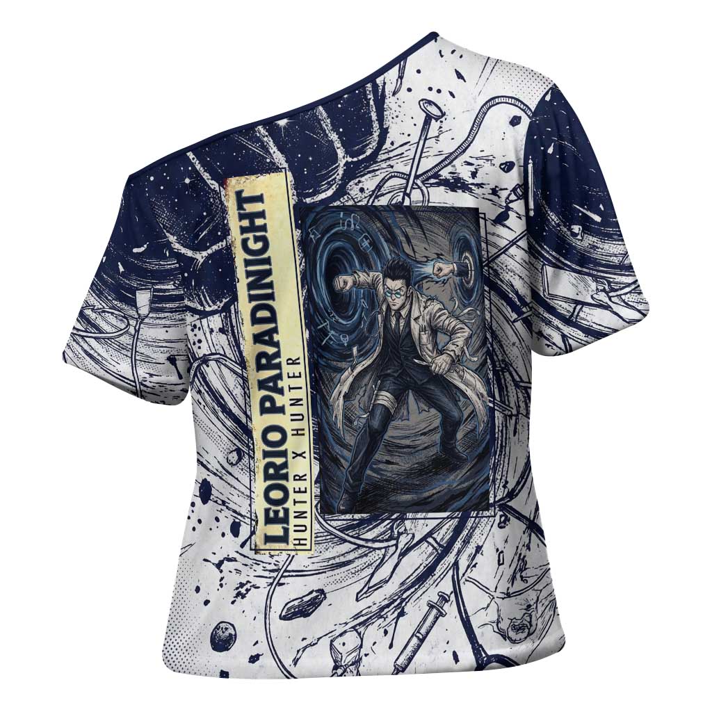 Leorio Paradinight Portal Energy Theme Cross Shoulder Shirt with Dynamic Anime Artwork and Blue Grunge Design - The Mazicc