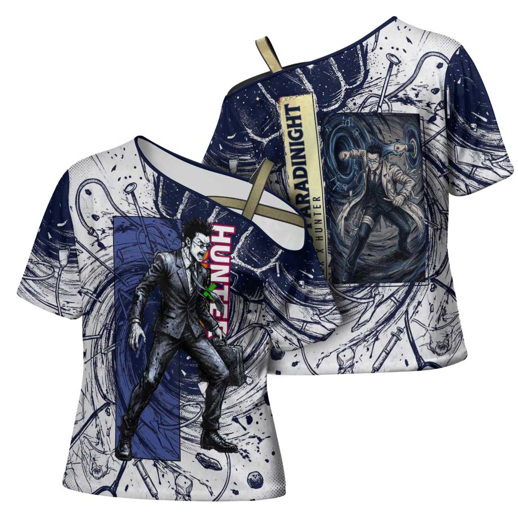 Leorio Paradinight Portal Energy Theme Cross Shoulder Shirt with Dynamic Anime Artwork and Blue Grunge Design - The Mazicc