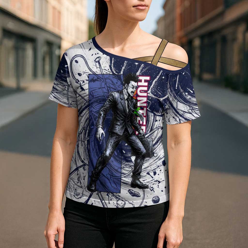 Leorio Paradinight Portal Energy Theme Cross Shoulder Shirt with Dynamic Anime Artwork and Blue Grunge Design - The Mazicc