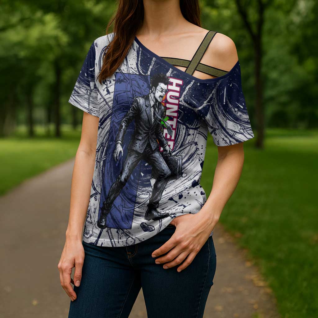 Leorio Paradinight Portal Energy Theme Cross Shoulder Shirt with Dynamic Anime Artwork and Blue Grunge Design - The Mazicc