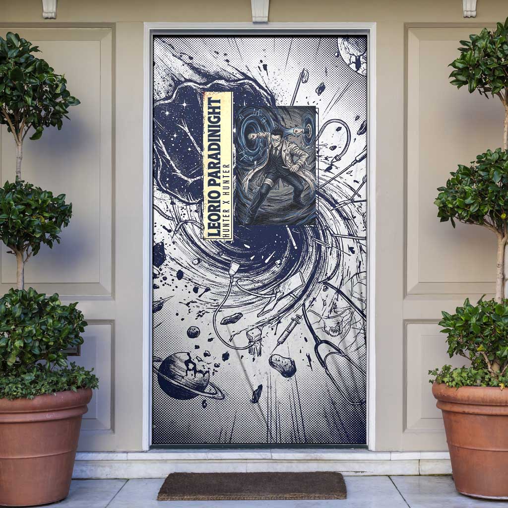 Leorio Paradinight Portal Energy Theme Door Cover with Dynamic Anime Artwork and Blue Grunge Design - The Mazicc