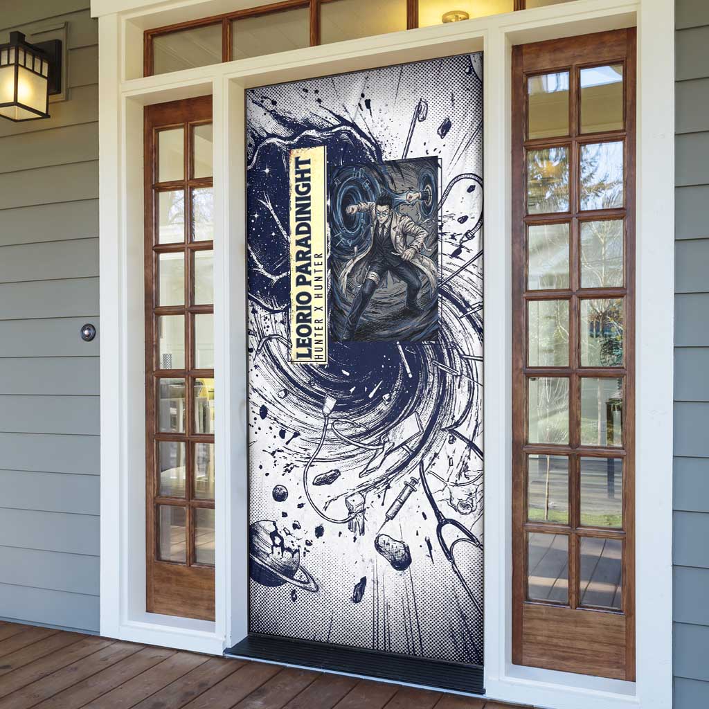 Leorio Paradinight Portal Energy Theme Door Cover with Dynamic Anime Artwork and Blue Grunge Design - The Mazicc