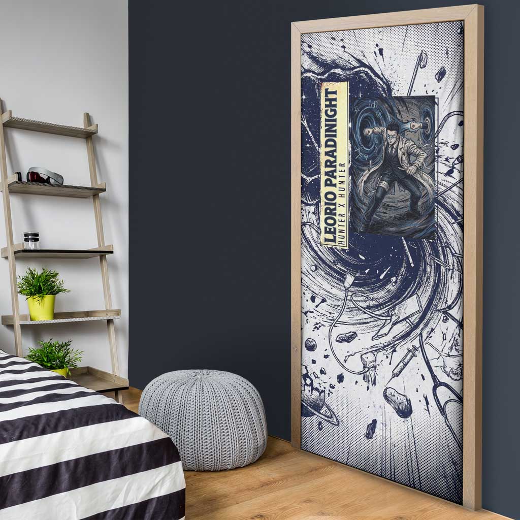 Leorio Paradinight Portal Energy Theme Door Cover with Dynamic Anime Artwork and Blue Grunge Design - The Mazicc