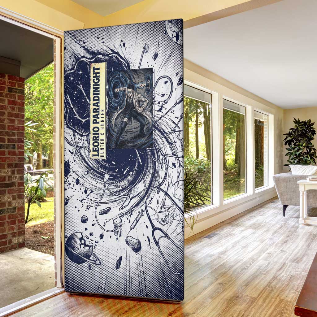 Leorio Paradinight Portal Energy Theme Door Cover with Dynamic Anime Artwork and Blue Grunge Design - The Mazicc
