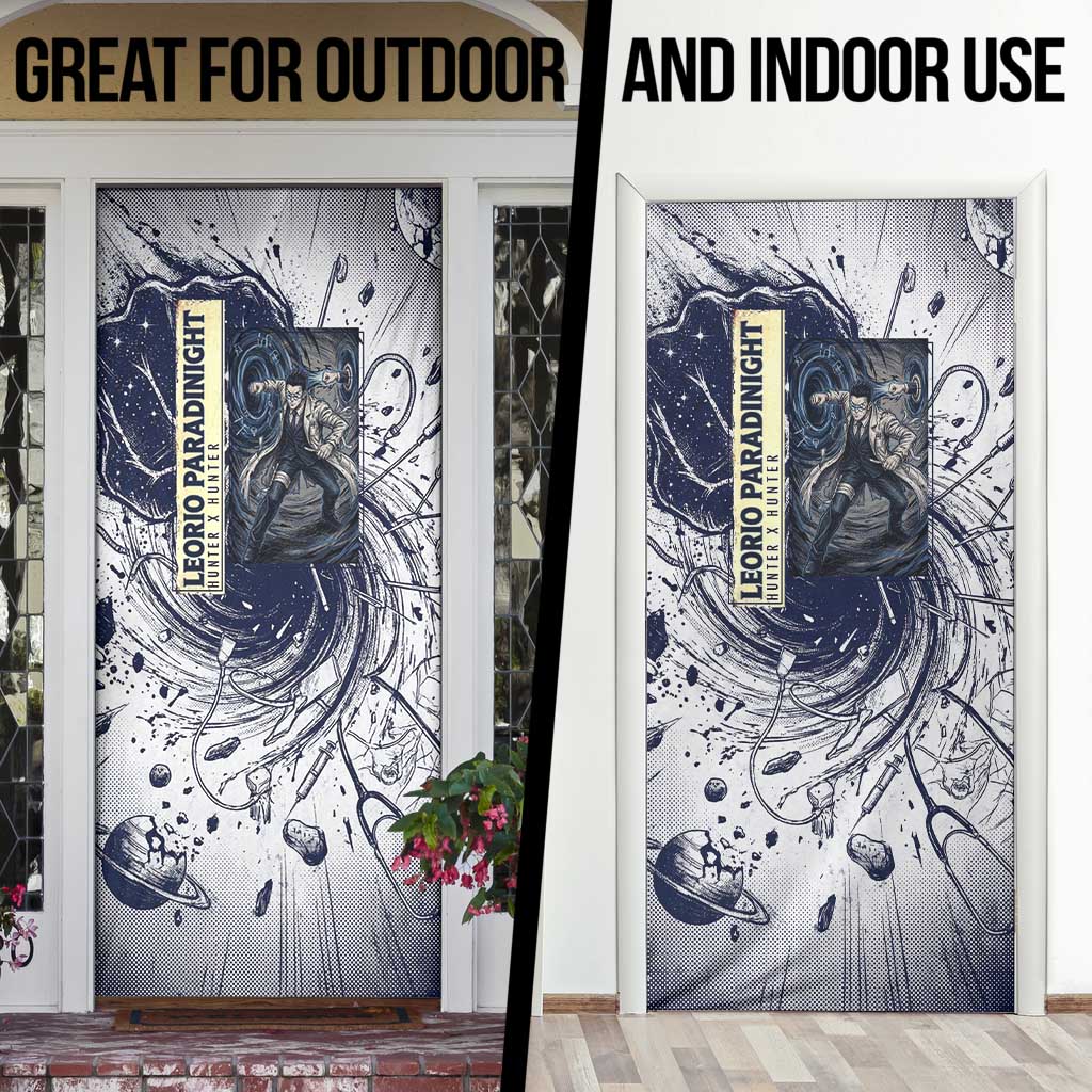 Leorio Paradinight Portal Energy Theme Door Cover with Dynamic Anime Artwork and Blue Grunge Design - The Mazicc