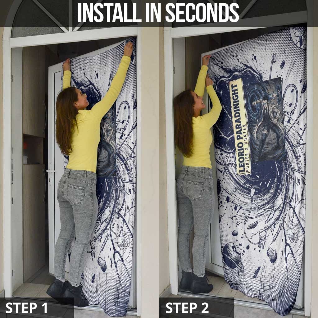 Leorio Paradinight Portal Energy Theme Door Cover with Dynamic Anime Artwork and Blue Grunge Design - The Mazicc
