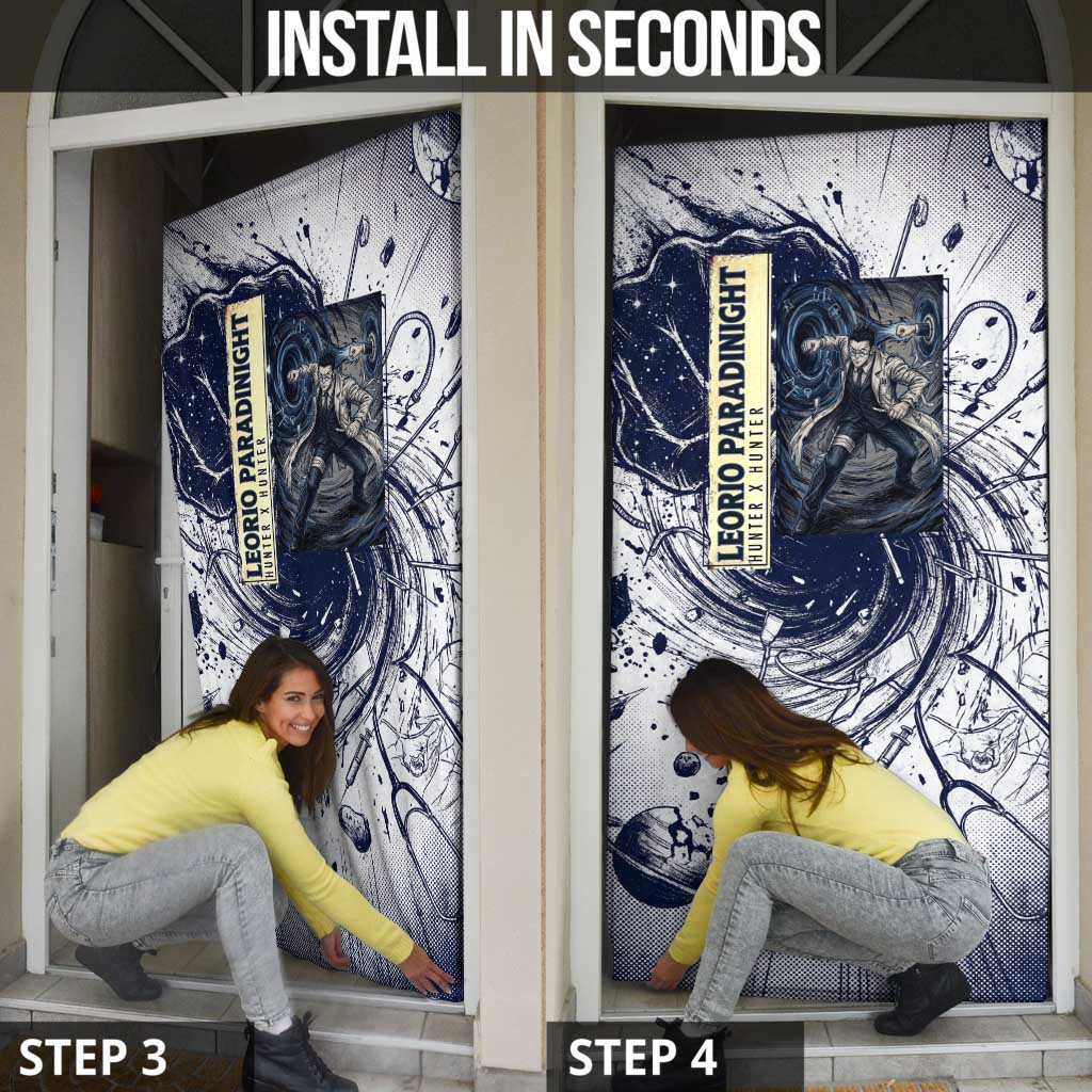 Leorio Paradinight Portal Energy Theme Door Cover with Dynamic Anime Artwork and Blue Grunge Design - The Mazicc
