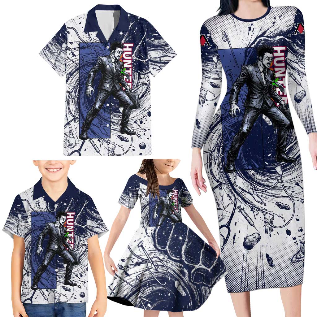 Leorio Paradinight Portal Energy Theme Family Matching Long Sleeve Bodycon Dress and Hawaiian Shirt with Dynamic Anime Artwork and Blue Grunge Design