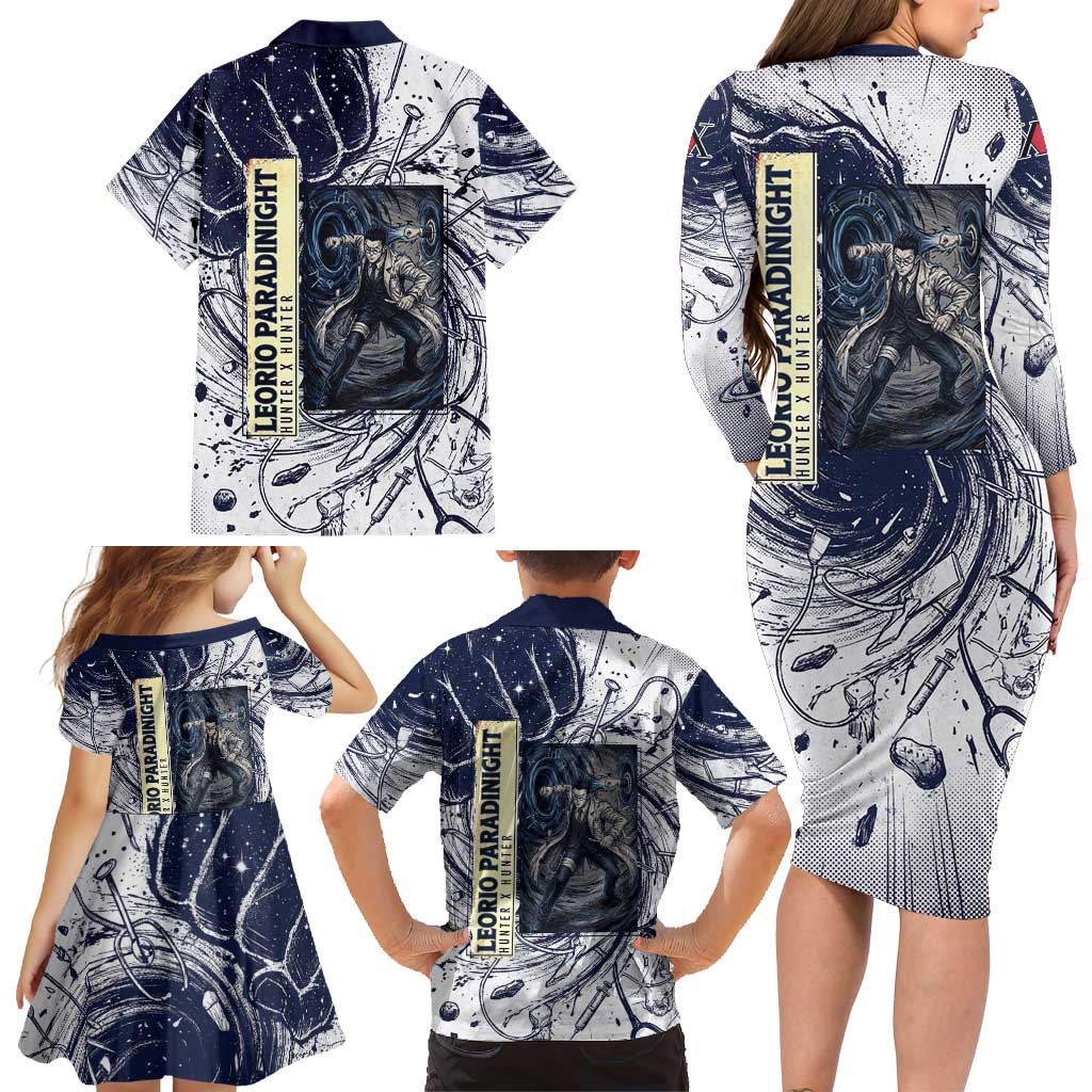 Leorio Paradinight Portal Energy Theme Family Matching Long Sleeve Bodycon Dress and Hawaiian Shirt with Dynamic Anime Artwork and Blue Grunge Design