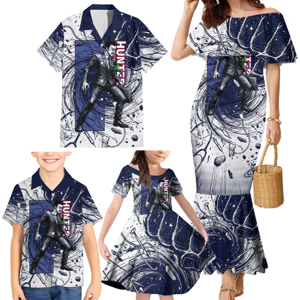 Leorio Paradinight Portal Energy Theme Family Matching Mermaid Dress and Hawaiian Shirt with Dynamic Anime Artwork and Blue Grunge Design