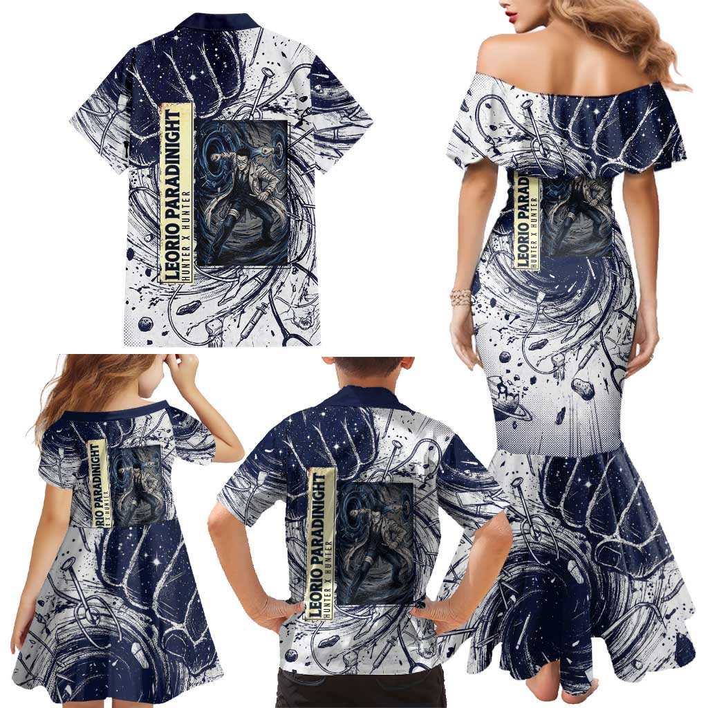Leorio Paradinight Portal Energy Theme Family Matching Mermaid Dress and Hawaiian Shirt with Dynamic Anime Artwork and Blue Grunge Design