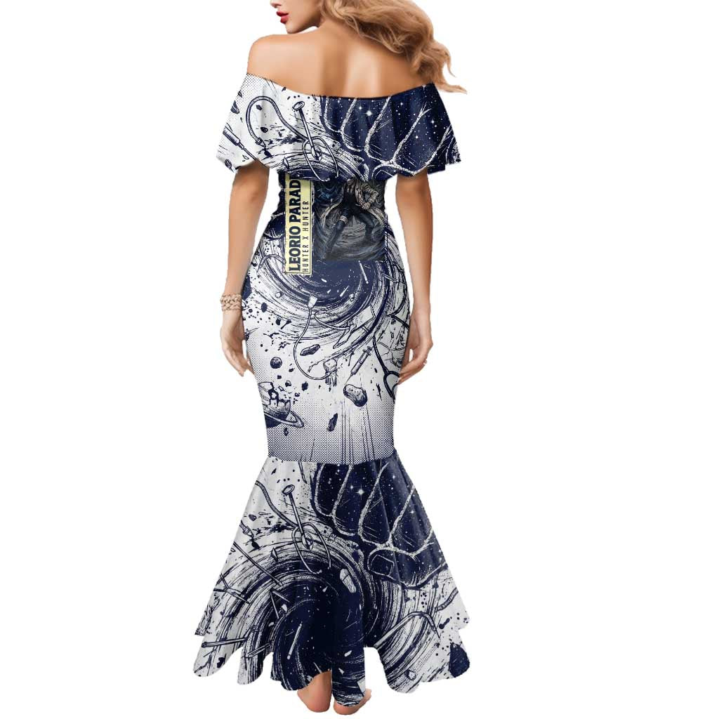 Leorio Paradinight Portal Energy Theme Family Matching Mermaid Dress and Hawaiian Shirt with Dynamic Anime Artwork and Blue Grunge Design