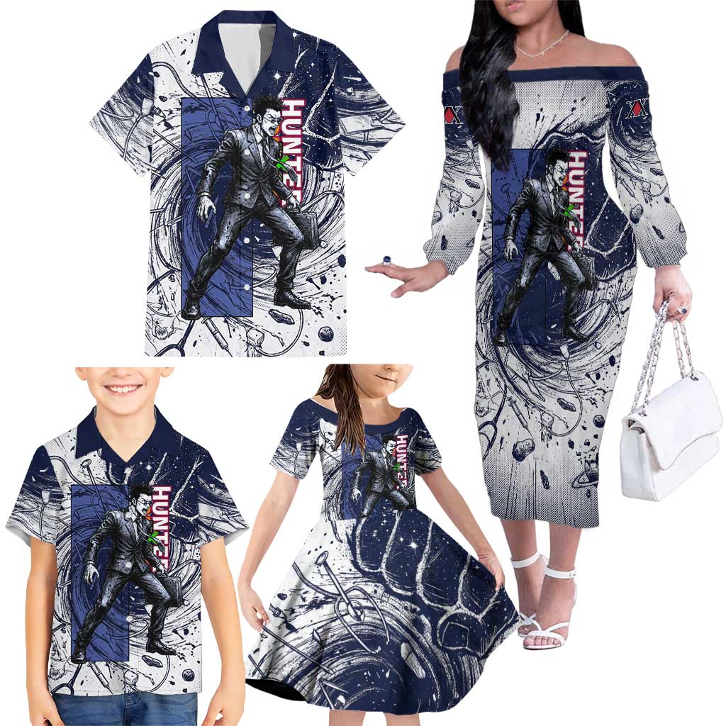 Leorio Paradinight Portal Energy Theme Family Matching Off The Shoulder Long Sleeve Dress and Hawaiian Shirt with Dynamic Anime Artwork and Blue Grunge Design