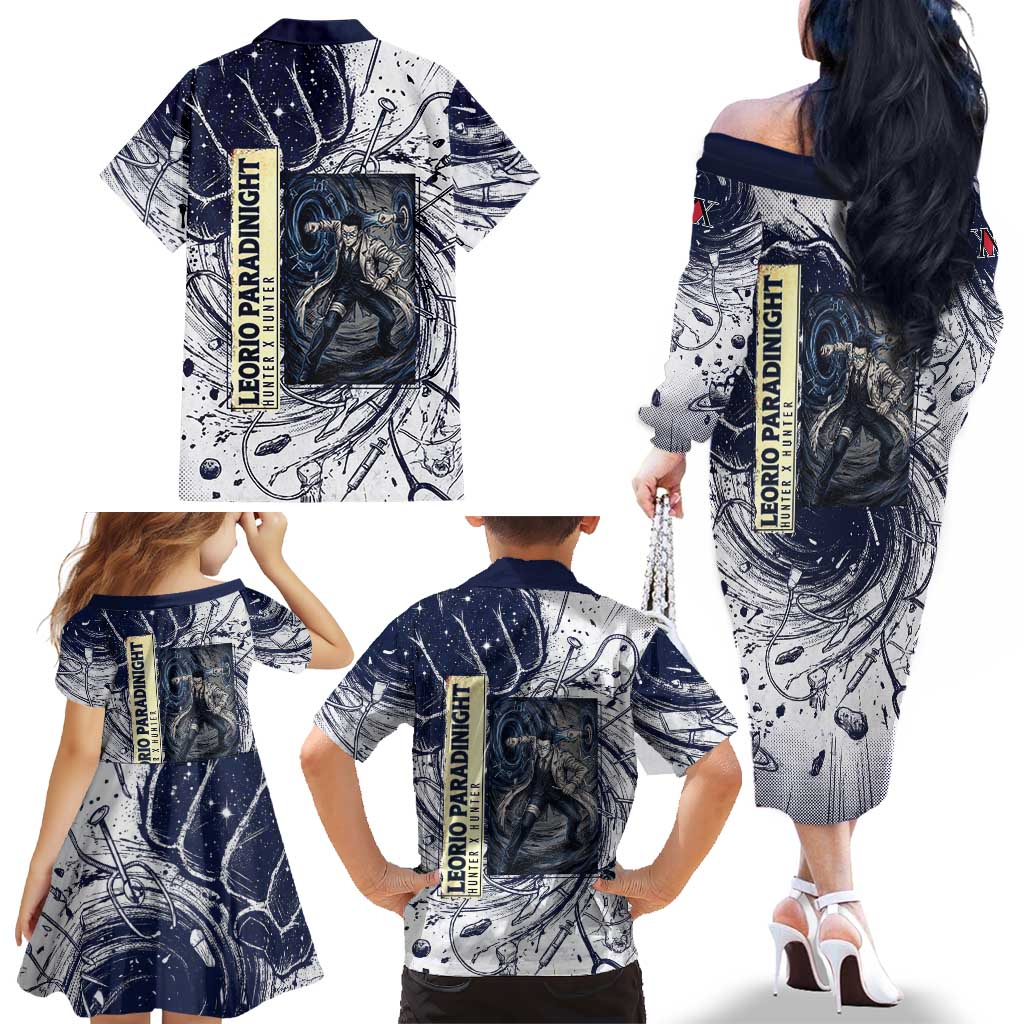Leorio Paradinight Portal Energy Theme Family Matching Off The Shoulder Long Sleeve Dress and Hawaiian Shirt with Dynamic Anime Artwork and Blue Grunge Design