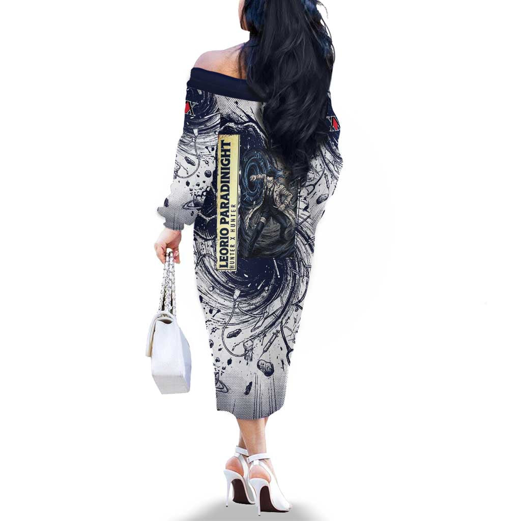 Leorio Paradinight Portal Energy Theme Family Matching Off The Shoulder Long Sleeve Dress and Hawaiian Shirt with Dynamic Anime Artwork and Blue Grunge Design