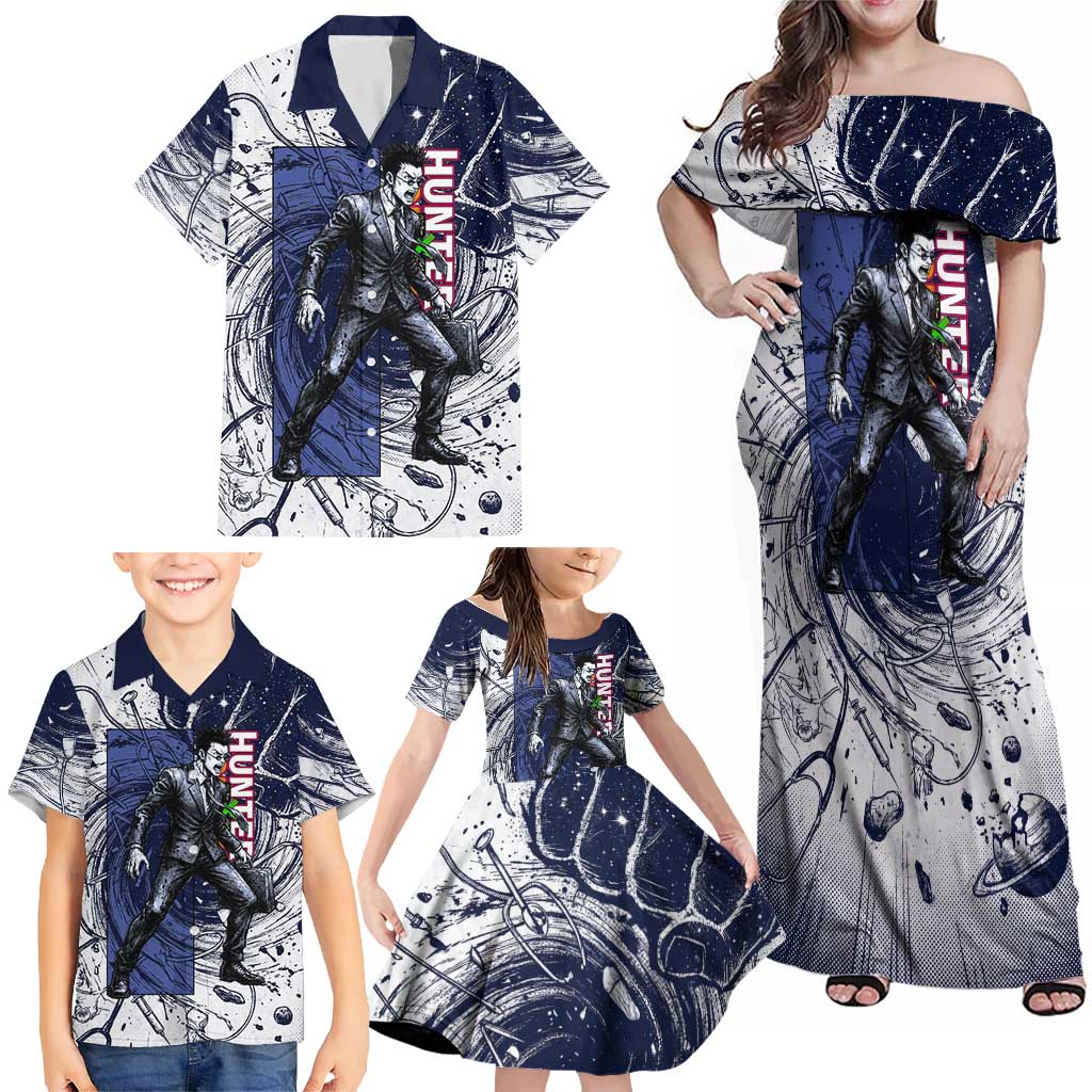 Leorio Paradinight Portal Energy Theme Family Matching Off Shoulder Maxi Dress and Hawaiian Shirt with Dynamic Anime Artwork and Blue Grunge Design