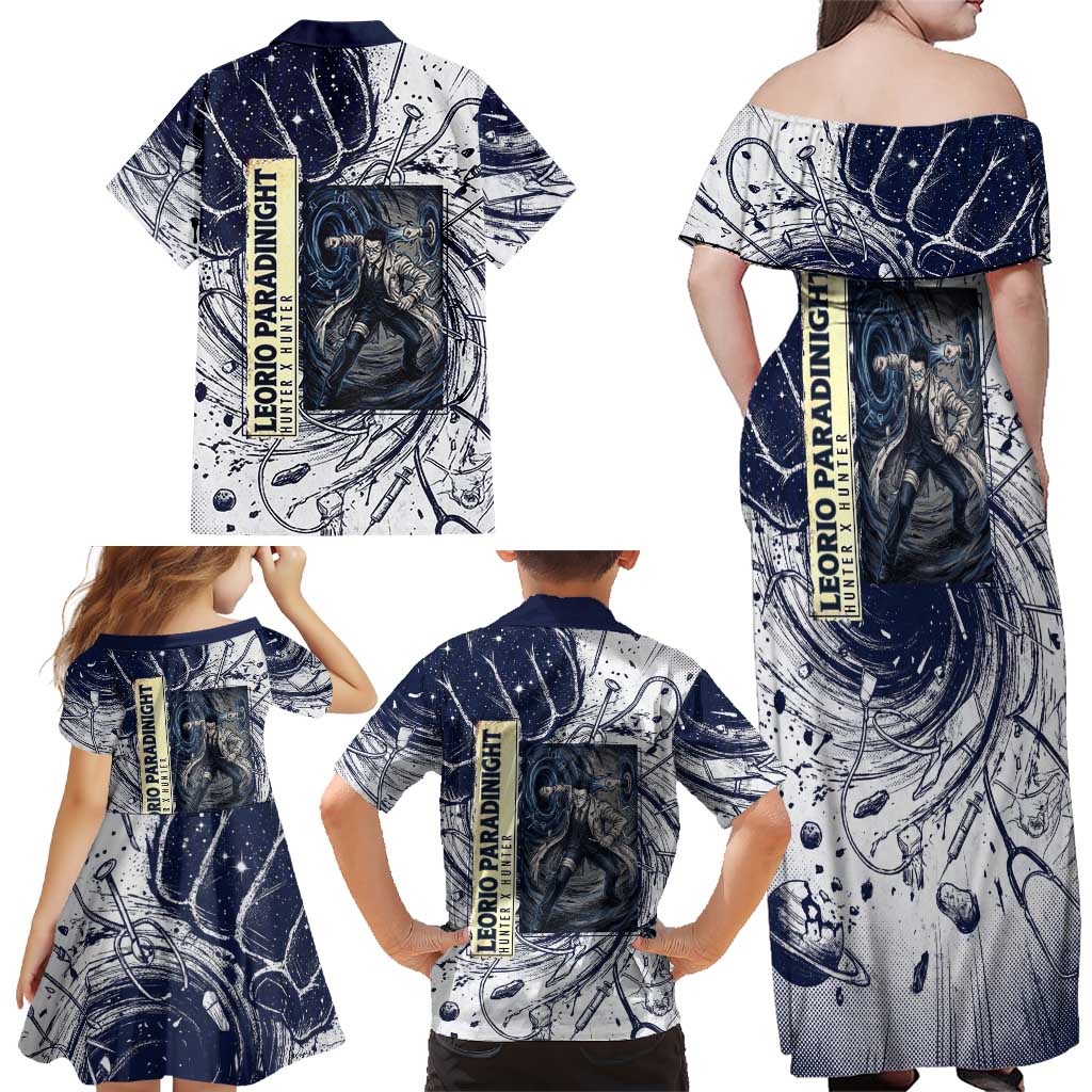 Leorio Paradinight Portal Energy Theme Family Matching Off Shoulder Maxi Dress and Hawaiian Shirt with Dynamic Anime Artwork and Blue Grunge Design