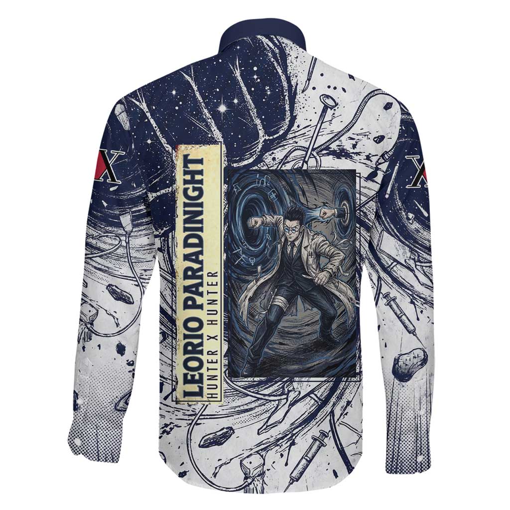 Leorio Paradinight Portal Energy Theme Family Matching Off Shoulder Maxi Dress and Hawaiian Shirt with Dynamic Anime Artwork and Blue Grunge Design