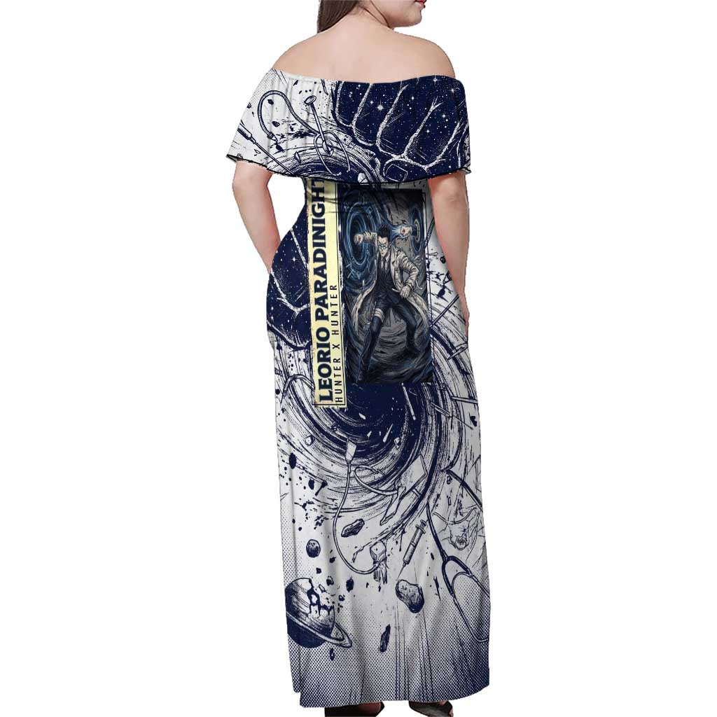 Leorio Paradinight Portal Energy Theme Family Matching Off Shoulder Maxi Dress and Hawaiian Shirt with Dynamic Anime Artwork and Blue Grunge Design