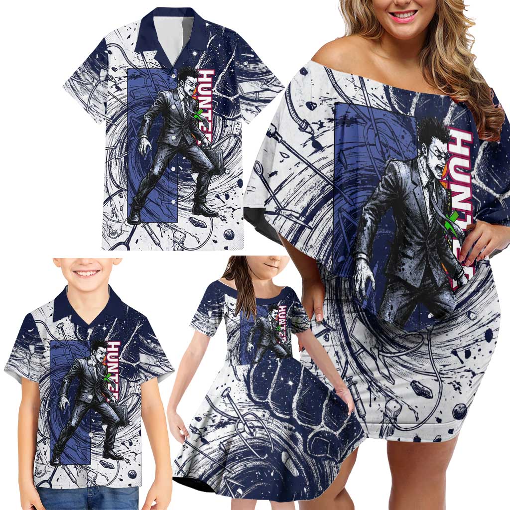 Leorio Paradinight Portal Energy Theme Family Matching Off Shoulder Short Dress and Hawaiian Shirt with Dynamic Anime Artwork and Blue Grunge Design