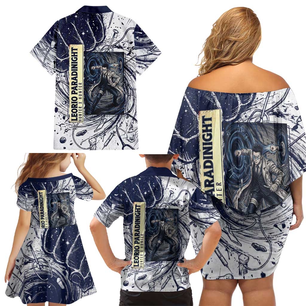 Leorio Paradinight Portal Energy Theme Family Matching Off Shoulder Short Dress and Hawaiian Shirt with Dynamic Anime Artwork and Blue Grunge Design