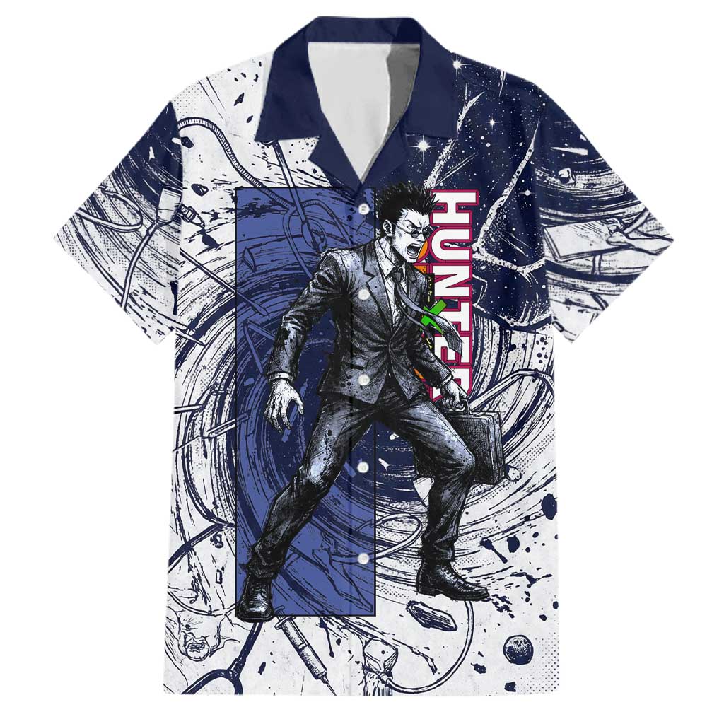 Leorio Paradinight Portal Energy Theme Family Matching Off Shoulder Short Dress and Hawaiian Shirt with Dynamic Anime Artwork and Blue Grunge Design