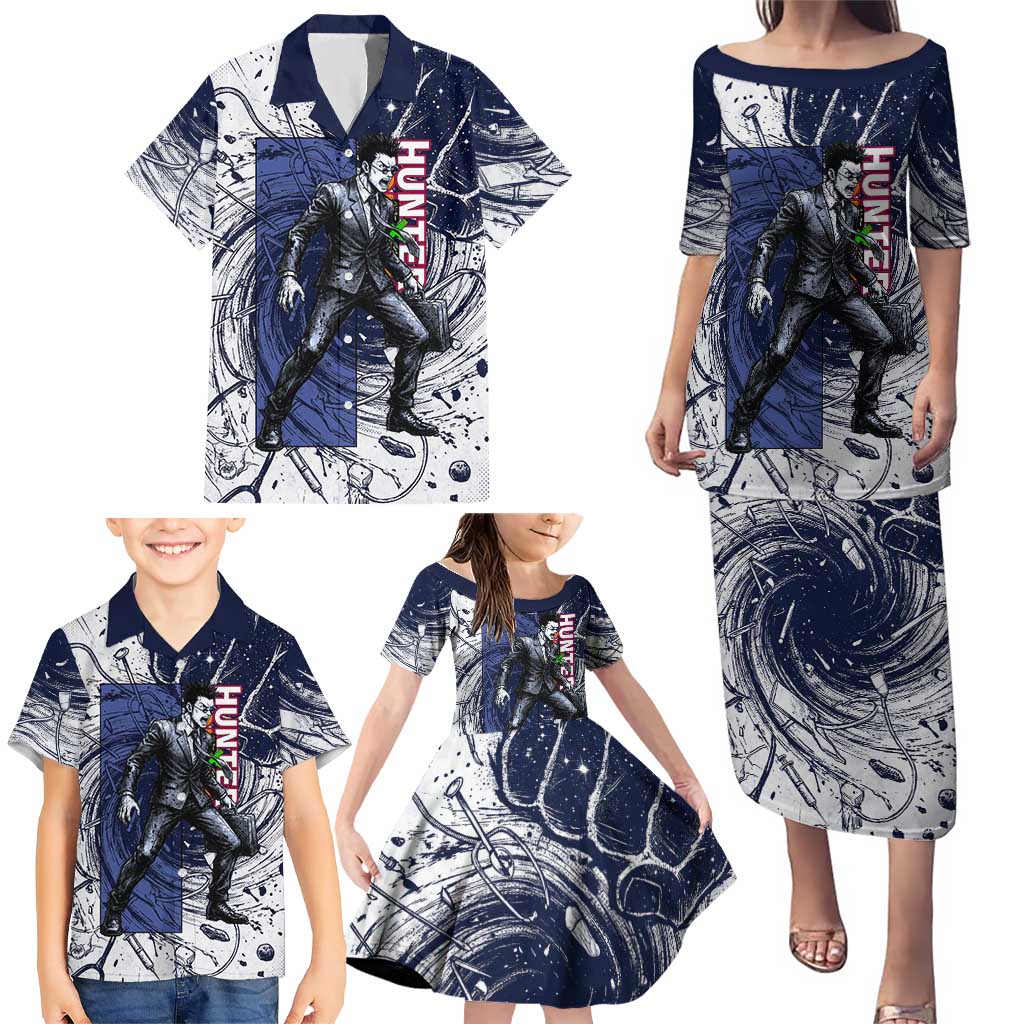 Leorio Paradinight Portal Energy Theme Family Matching Puletasi and Hawaiian Shirt with Dynamic Anime Artwork and Blue Grunge Design