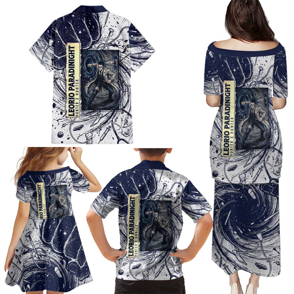 Leorio Paradinight Portal Energy Theme Family Matching Puletasi and Hawaiian Shirt with Dynamic Anime Artwork and Blue Grunge Design