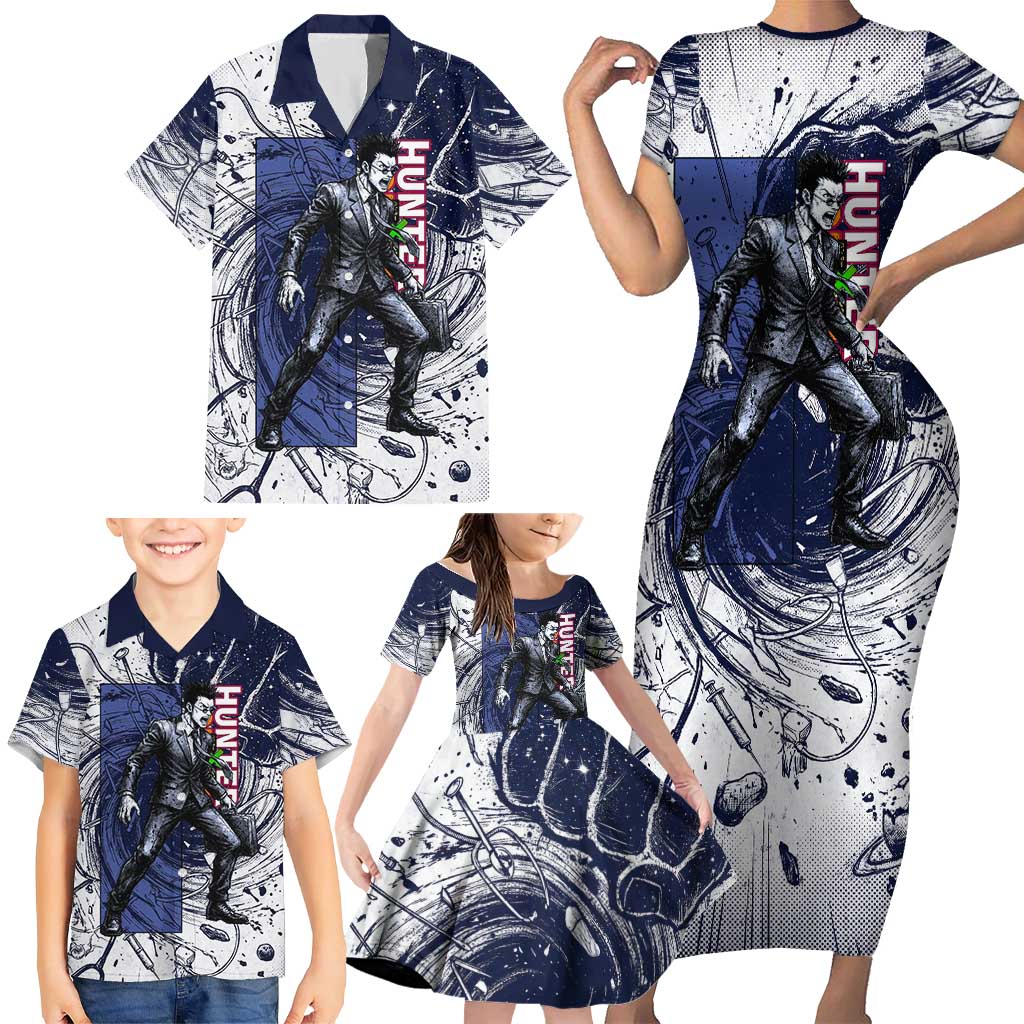 Leorio Paradinight Portal Energy Theme Family Matching Short Sleeve Bodycon Dress and Hawaiian Shirt with Dynamic Anime Artwork and Blue Grunge Design