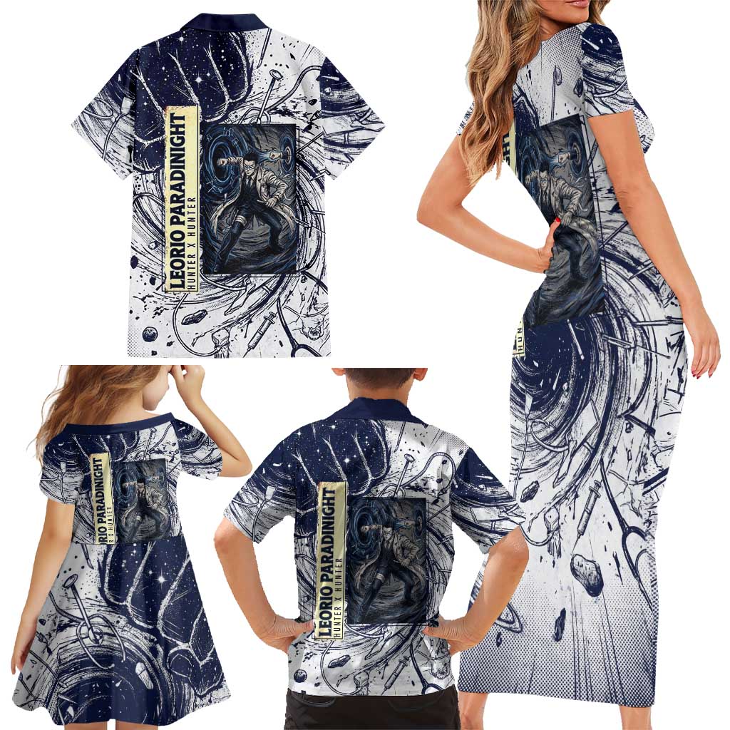 Leorio Paradinight Portal Energy Theme Family Matching Short Sleeve Bodycon Dress and Hawaiian Shirt with Dynamic Anime Artwork and Blue Grunge Design