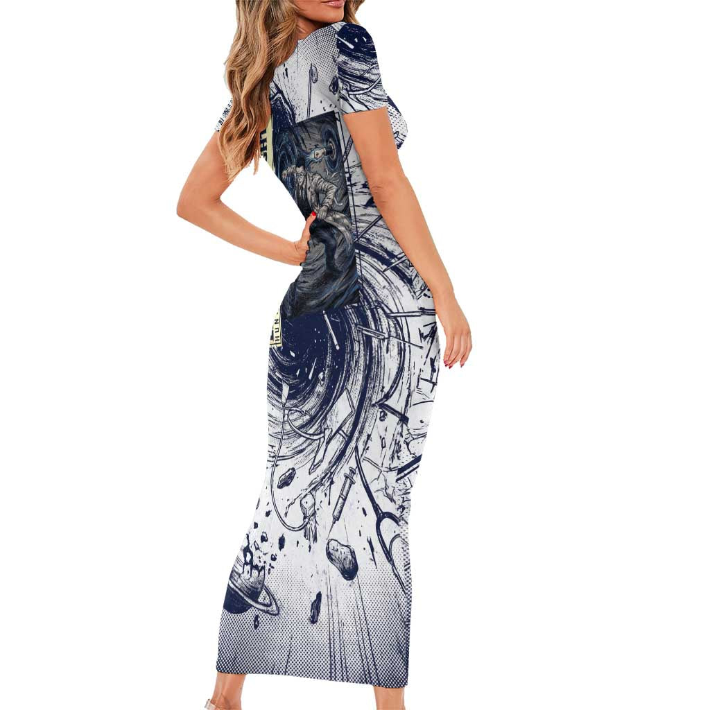 Leorio Paradinight Portal Energy Theme Family Matching Short Sleeve Bodycon Dress and Hawaiian Shirt with Dynamic Anime Artwork and Blue Grunge Design