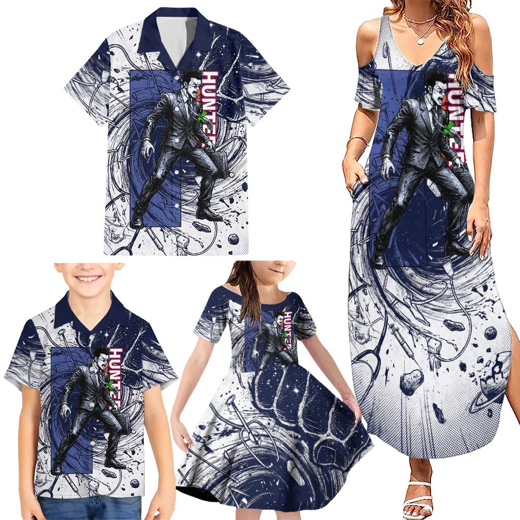 Leorio Paradinight Portal Energy Theme Family Matching Summer Maxi Dress and Hawaiian Shirt with Dynamic Anime Artwork and Blue Grunge Design