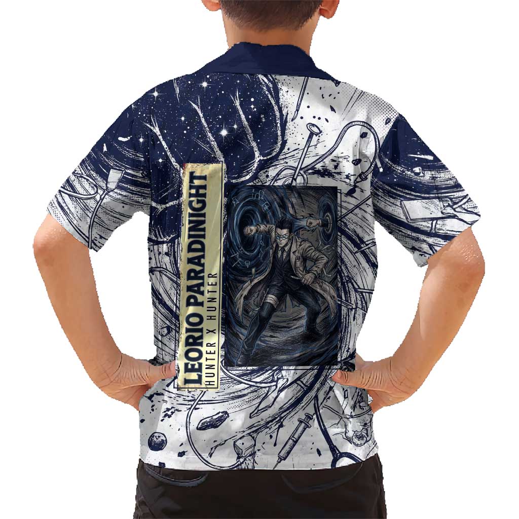 Leorio Paradinight Portal Energy Theme Family Matching Summer Maxi Dress and Hawaiian Shirt with Dynamic Anime Artwork and Blue Grunge Design