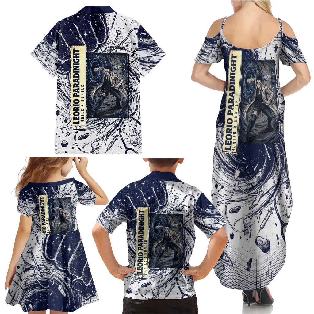 Leorio Paradinight Portal Energy Theme Family Matching Summer Maxi Dress and Hawaiian Shirt with Dynamic Anime Artwork and Blue Grunge Design