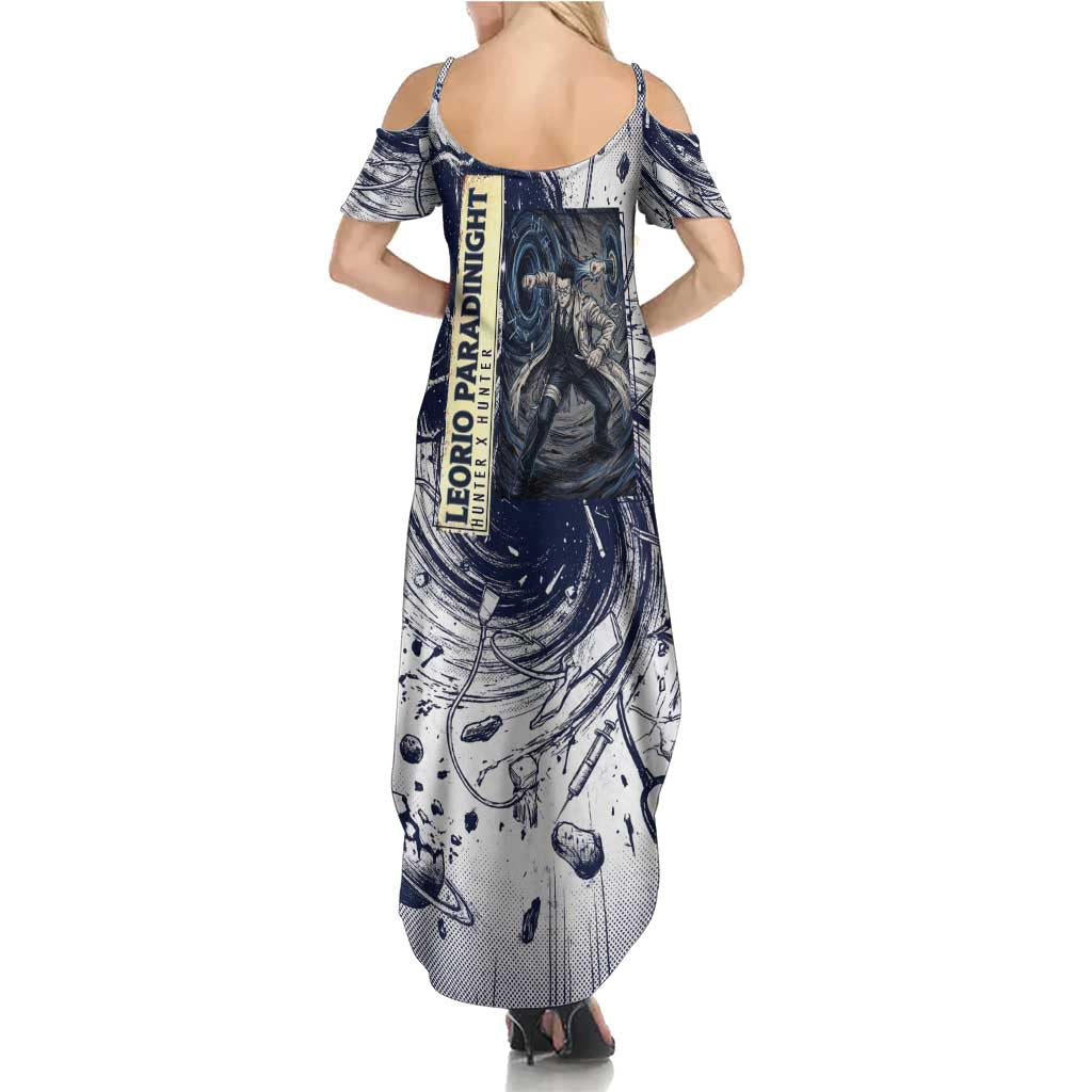 Leorio Paradinight Portal Energy Theme Family Matching Summer Maxi Dress and Hawaiian Shirt with Dynamic Anime Artwork and Blue Grunge Design