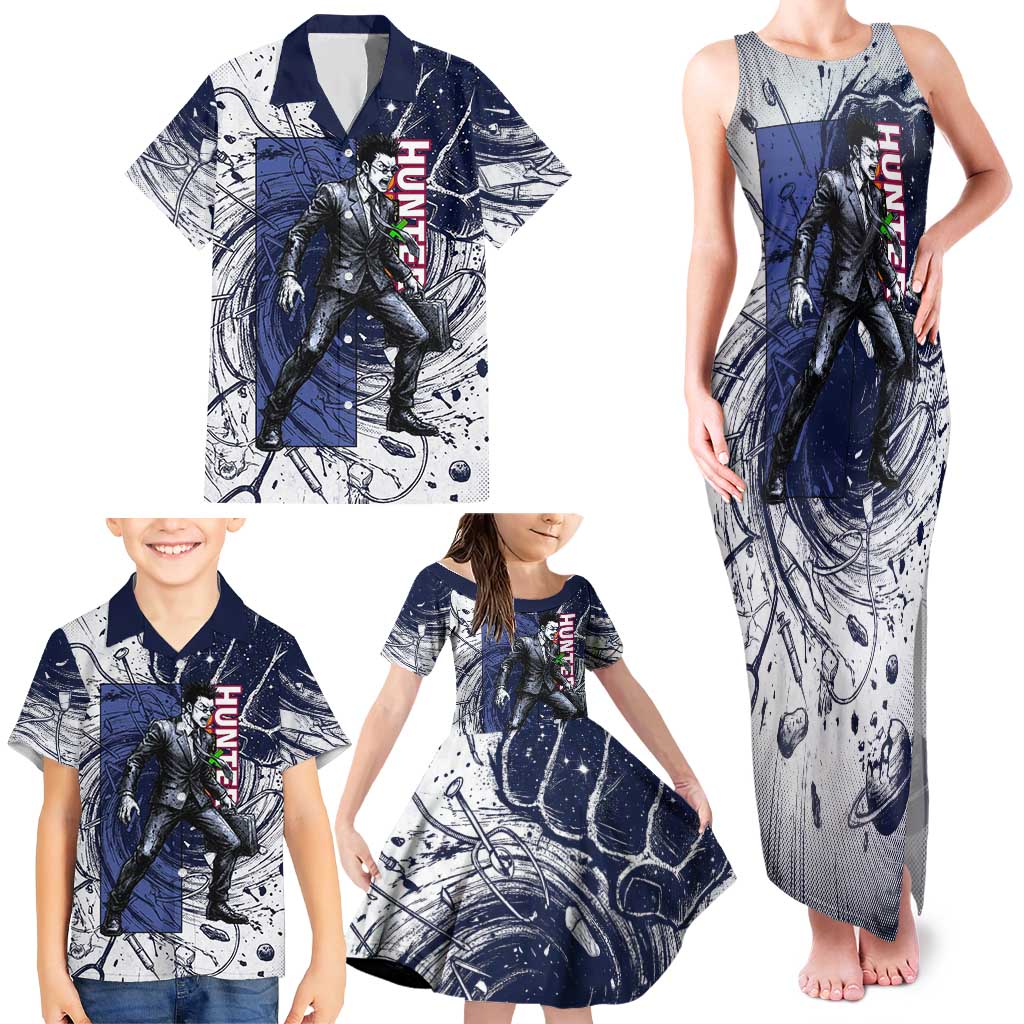 Leorio Paradinight Portal Energy Theme Family Matching Tank Maxi Dress and Hawaiian Shirt with Dynamic Anime Artwork and Blue Grunge Design
