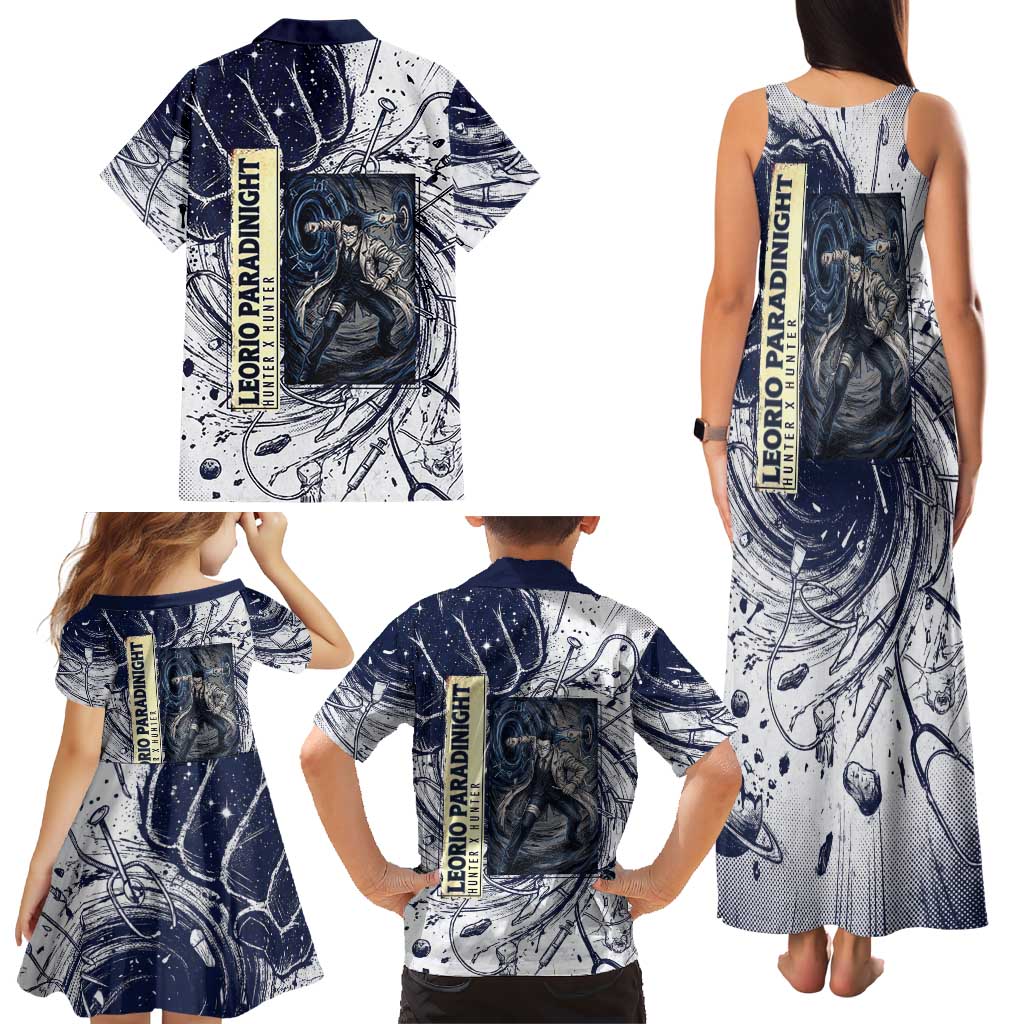 Leorio Paradinight Portal Energy Theme Family Matching Tank Maxi Dress and Hawaiian Shirt with Dynamic Anime Artwork and Blue Grunge Design