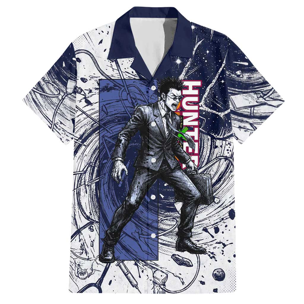 Leorio Paradinight Portal Energy Theme Hawaiian Shirt with Dynamic Anime Artwork and Blue Grunge Design - The Mazicc