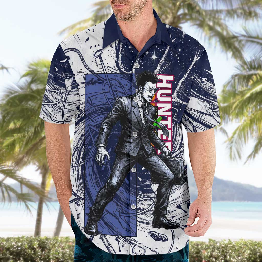 Leorio Paradinight Portal Energy Theme Hawaiian Shirt with Dynamic Anime Artwork and Blue Grunge Design - The Mazicc