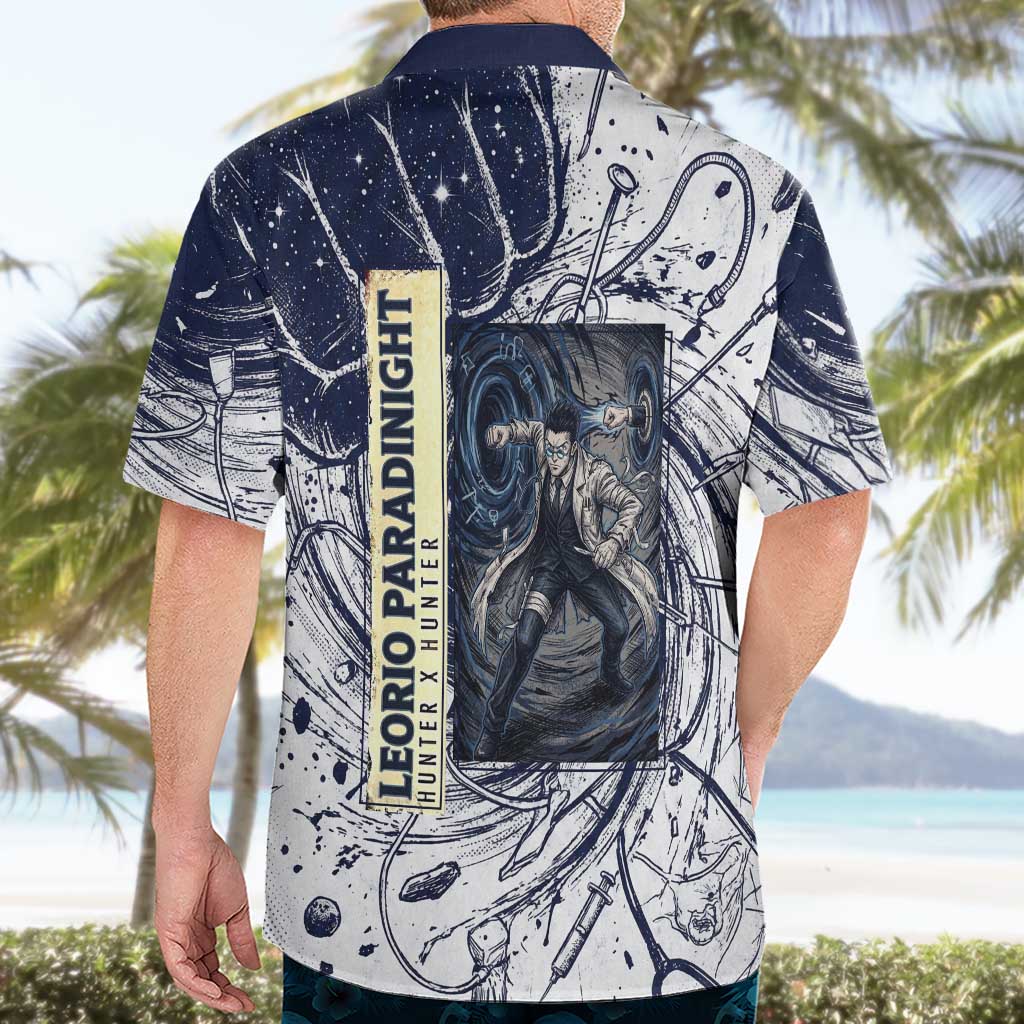Leorio Paradinight Portal Energy Theme Hawaiian Shirt with Dynamic Anime Artwork and Blue Grunge Design - The Mazicc