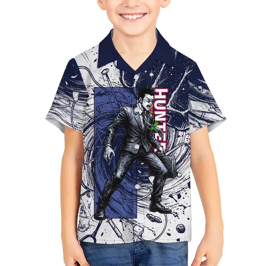Leorio Paradinight Portal Energy Theme Hawaiian Shirt with Dynamic Anime Artwork and Blue Grunge Design - The Mazicc