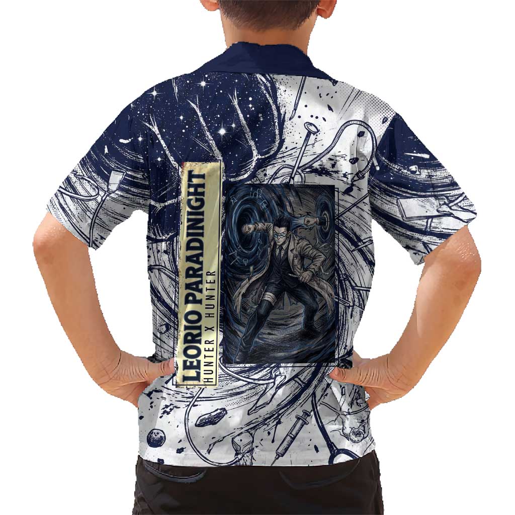 Leorio Paradinight Portal Energy Theme Hawaiian Shirt with Dynamic Anime Artwork and Blue Grunge Design - The Mazicc