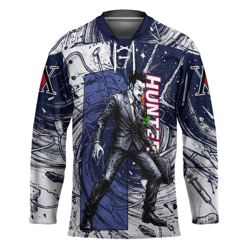 Leorio Paradinight Portal Energy Theme Hockey Jersey with Dynamic Anime Artwork and Blue Grunge Design - The Mazicc