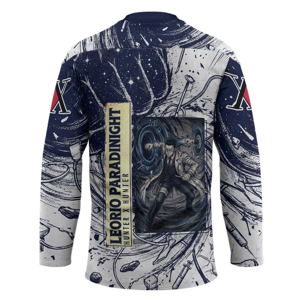 Leorio Paradinight Portal Energy Theme Hockey Jersey with Dynamic Anime Artwork and Blue Grunge Design - The Mazicc