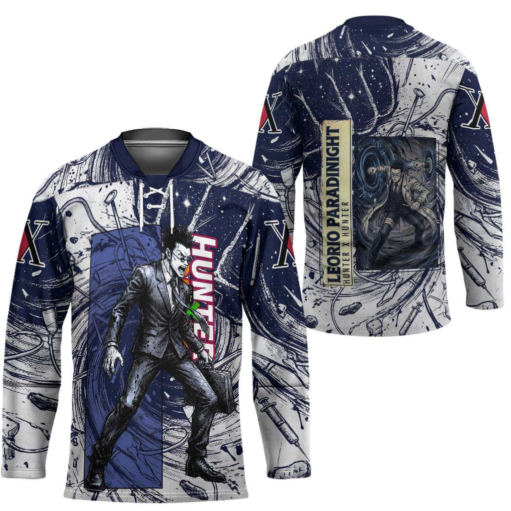 Leorio Paradinight Portal Energy Theme Hockey Jersey with Dynamic Anime Artwork and Blue Grunge Design - The Mazicc
