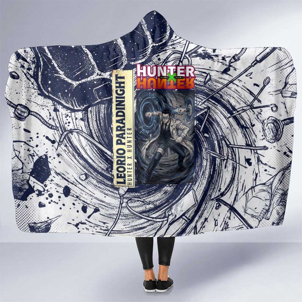 Leorio Paradinight Portal Energy Theme Hooded Blanket with Dynamic Anime Artwork and Blue Grunge Design - The Mazicc