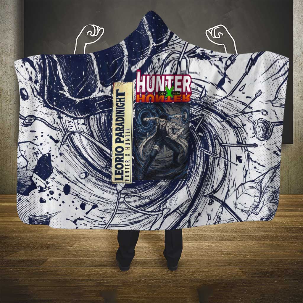 Leorio Paradinight Portal Energy Theme Hooded Blanket with Dynamic Anime Artwork and Blue Grunge Design - The Mazicc