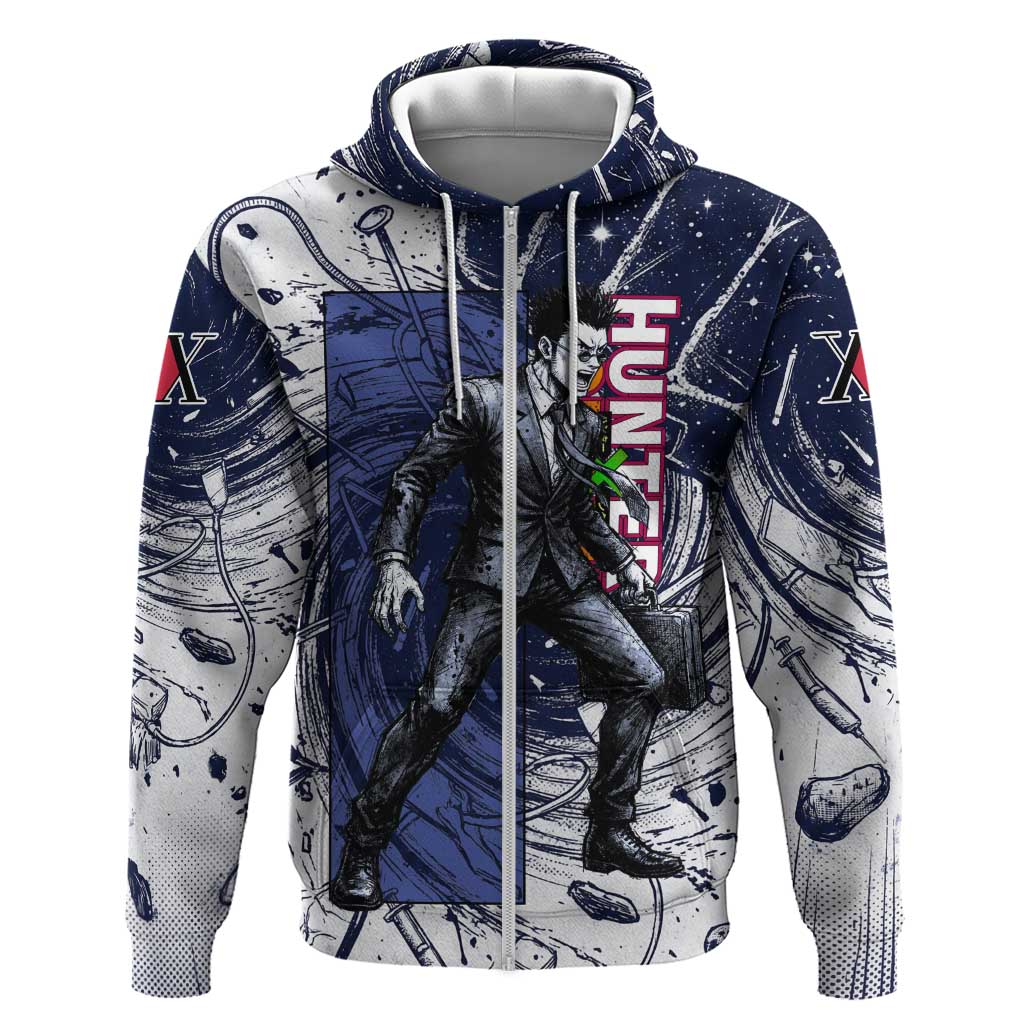Leorio Paradinight Portal Energy Theme Hoodie with Dynamic Anime Artwork and Blue Grunge Design - The Mazicc